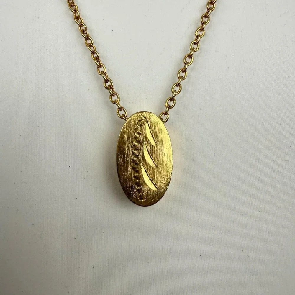 Gold Tone Necklace Oval Wheat Engraved Textured Pendant Minimalist Design